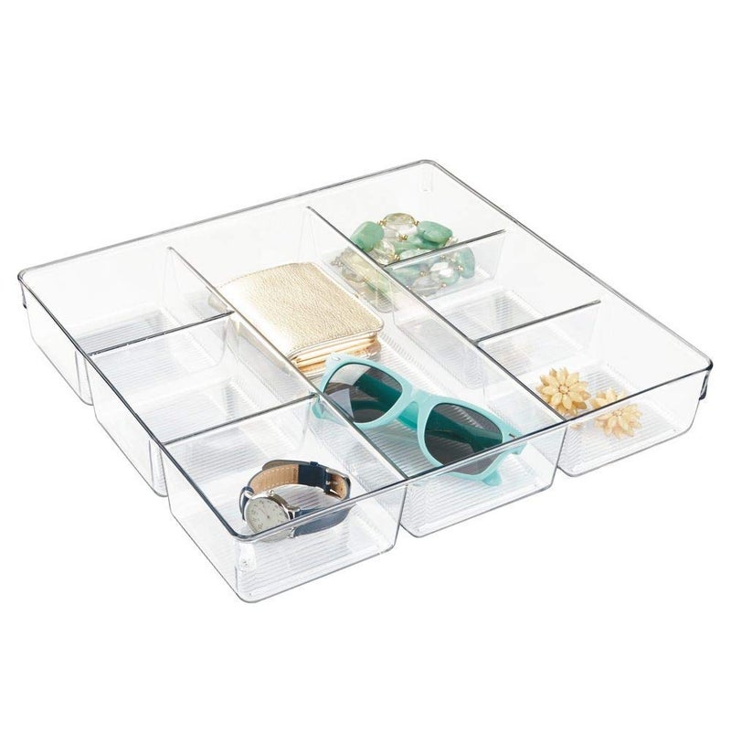 InterDesign iDesign Linus Plastic Divided Drawer Organizer, Storage Container for Vanity, Bathroom, Kitchen Drawers, 13" x 13.5" x 2.25" - Clear - Image 1